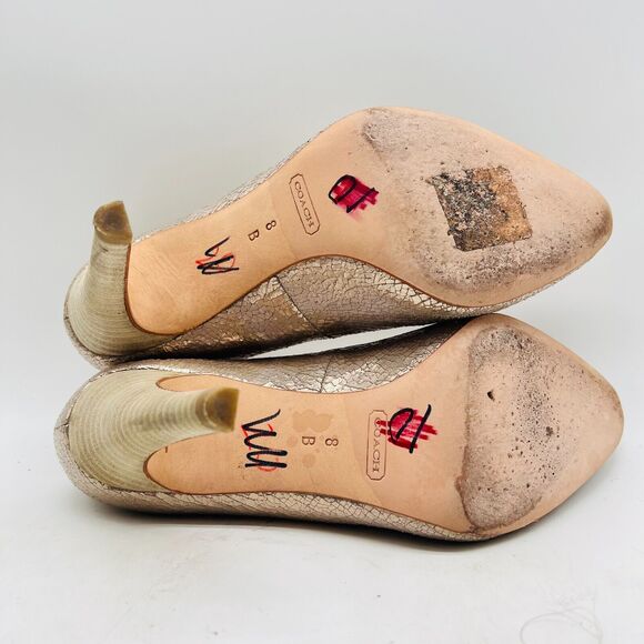 Coach Heels Womens 8 Gold Leather Shoes Stiletto Cocktail Metallic Wedding Pumps - Picture 10 of 11